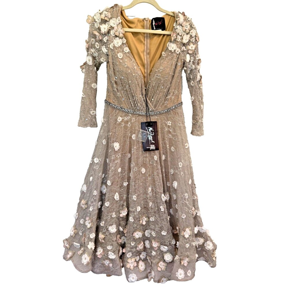 NWT Mac Duggal 67387 Beige Blush Floral Embellished Lace Cocktail Dress SIZE 8